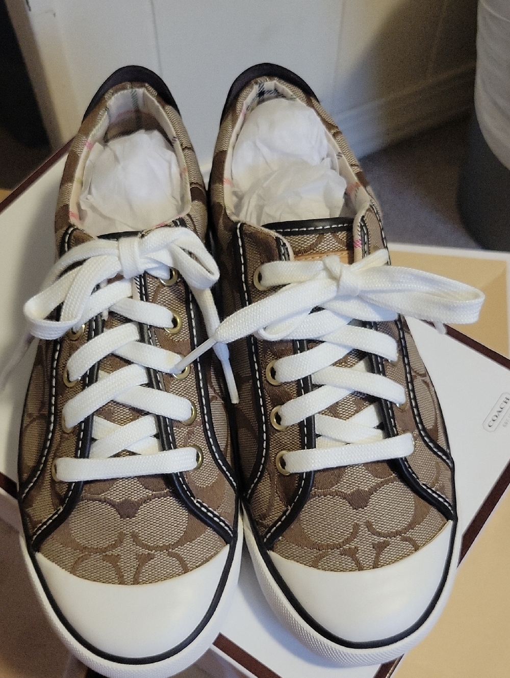 Coach Sigature Canvas Lace-Up Sneakers in Tan and White